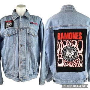 Vintage RAMONES Patches Denim Jean Jacket L Blue